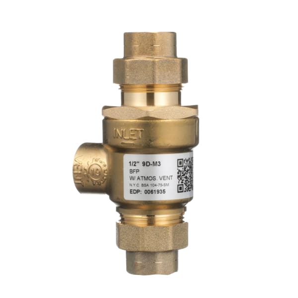 1/2" Bronze Dual Check Valve Backflow Preventer with"termediate Atmospheric Vent, Female Union"let and Outlet Connections