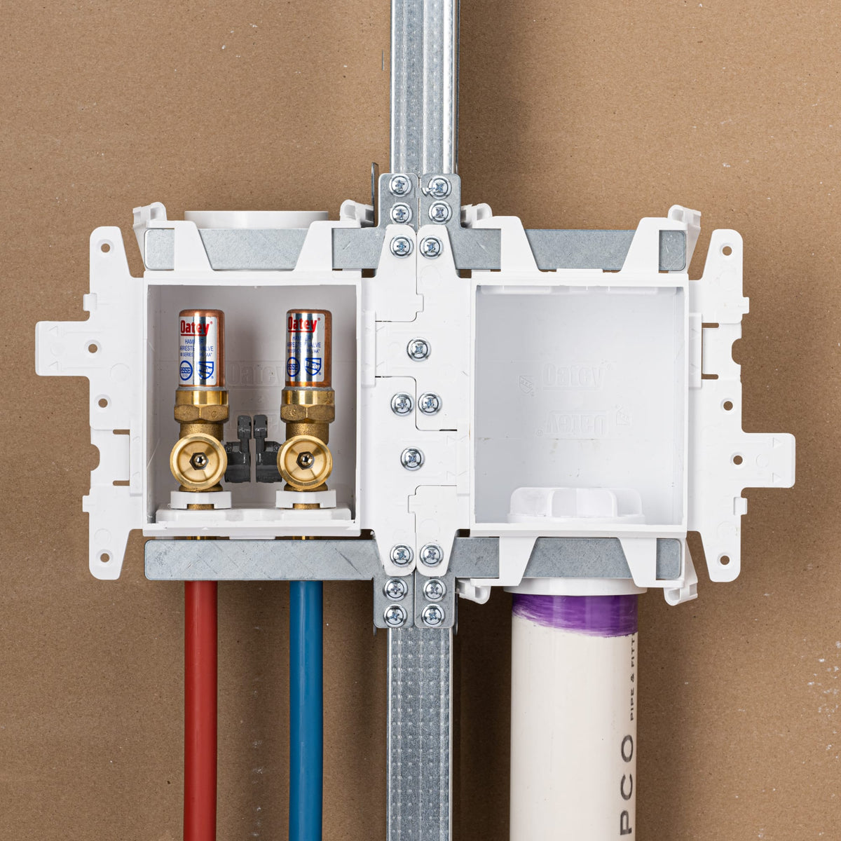 Oatey® MODA® 2-Valve + Standard Drain F1960 PEX (Brass) Fire-Rated Washing Machine Supply Box with Hammer Arrestor