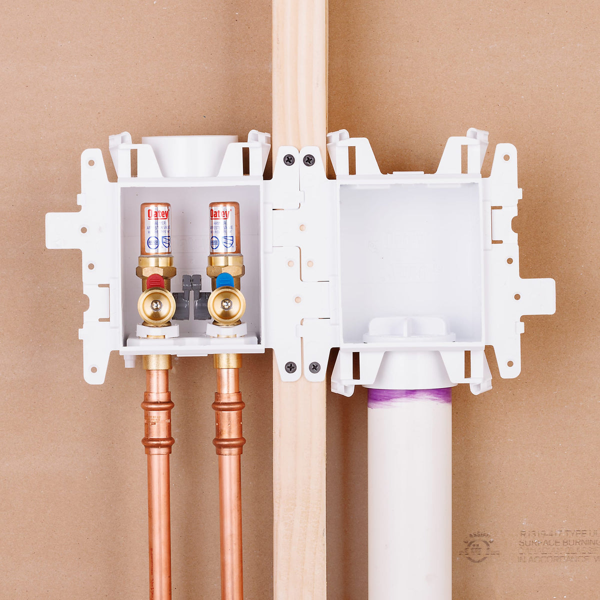Oatey® MODA® 2-Valve + Standard Drain Copper (Male) Washing Machine Supply Box with Hammer Arrestors - Standard Pack