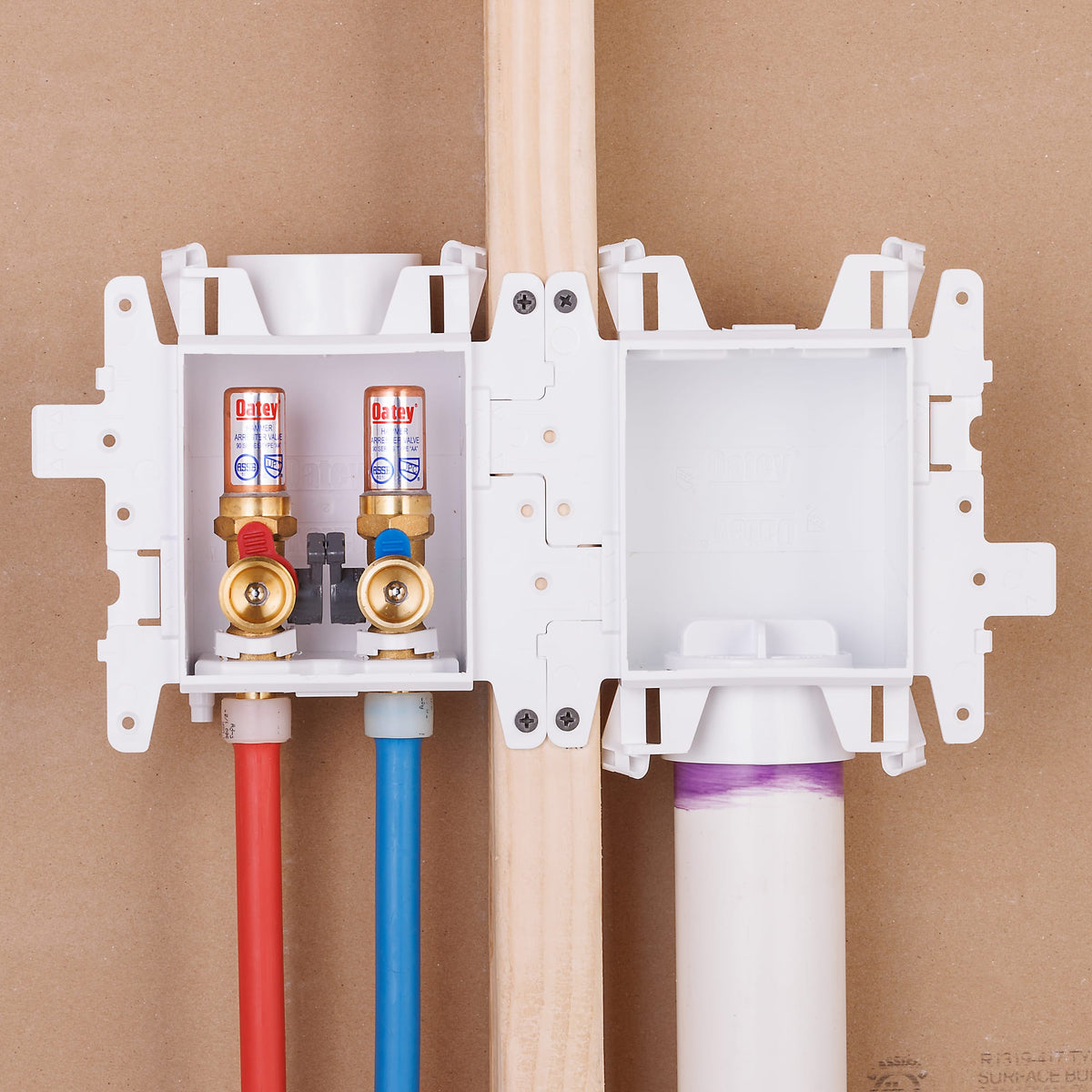 Oatey® MODA® 2-Valve + Standard Drain F1960 PEX (Brass) Washing Machine Supply Box with Hammer Arrestors - Standard Pack