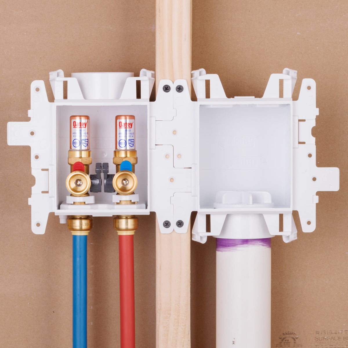 Oatey® MODA® 2-Valve + Standard Drain Push Connect Washing Machine Supply Box with Hammer Arrestors - Standard Pack