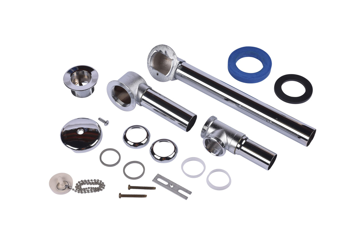 Dearborn® Full Kit, Brass Tubular - 17 Ga. Chain and Stopper with Chrome Finish Trim with Chromed Pipes, Elbows and Tee, 1-3/8 in. Reducing Tailpiece