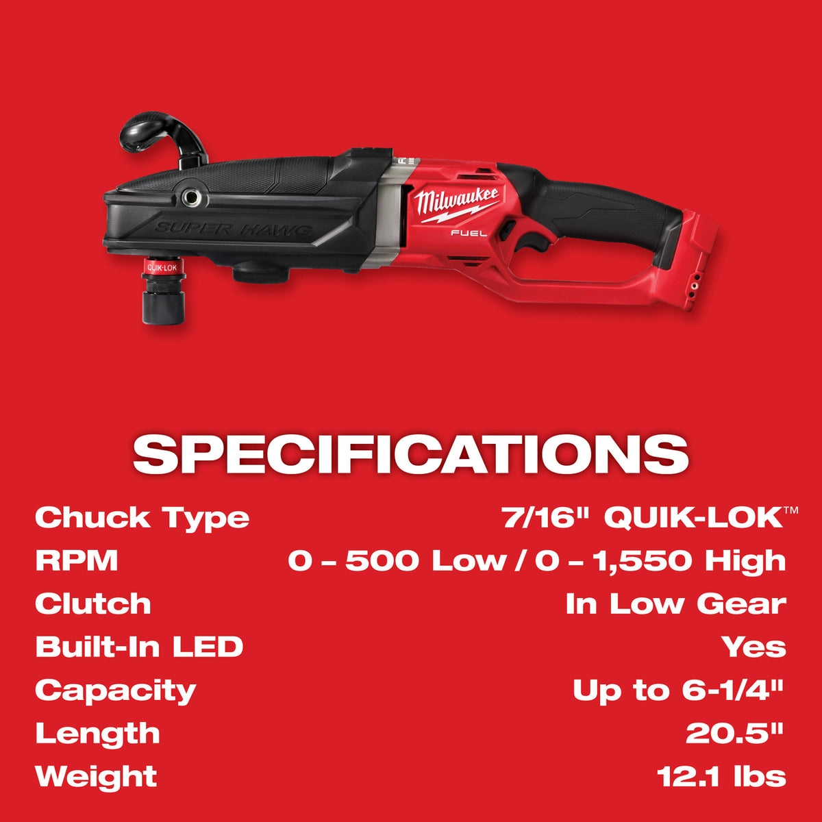 Milwaukee Tools M18 FUEL™ SUPER HAWG™ Right Angle Drill w/ QUIK-LOK™