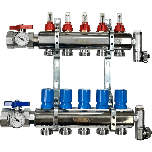 5 Branches - 1 1/2 Chrome Plated Brass Manifold Assembly w/Flowmeter and ball valve