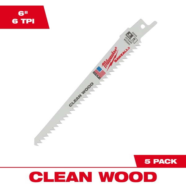 6" 6 TPI Fleam Ground SAWZALL® Blade for Clean Wood (5 Pack)