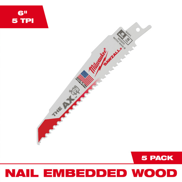 6" 5 TPI AX™ SAWZALL® Blade for Wood with Nails (5 Pack)
