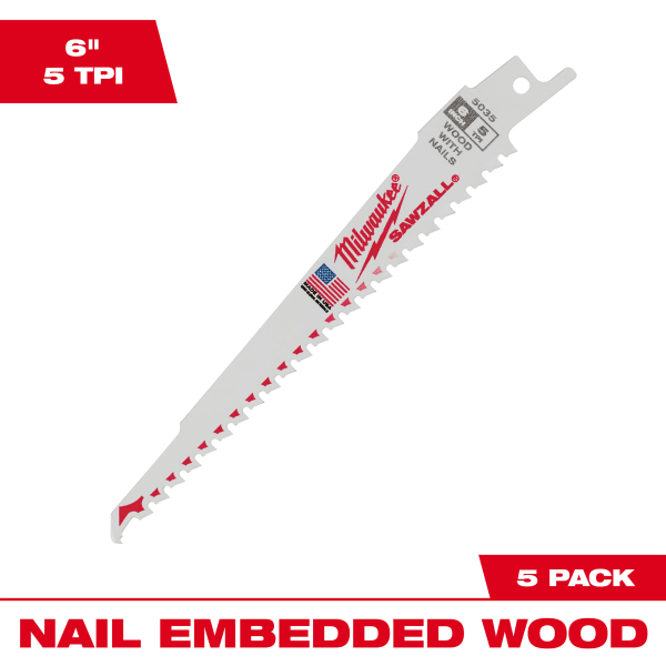 6" 5 TPI SAWZALL® Blade for Wood with Nails (5 Pack)