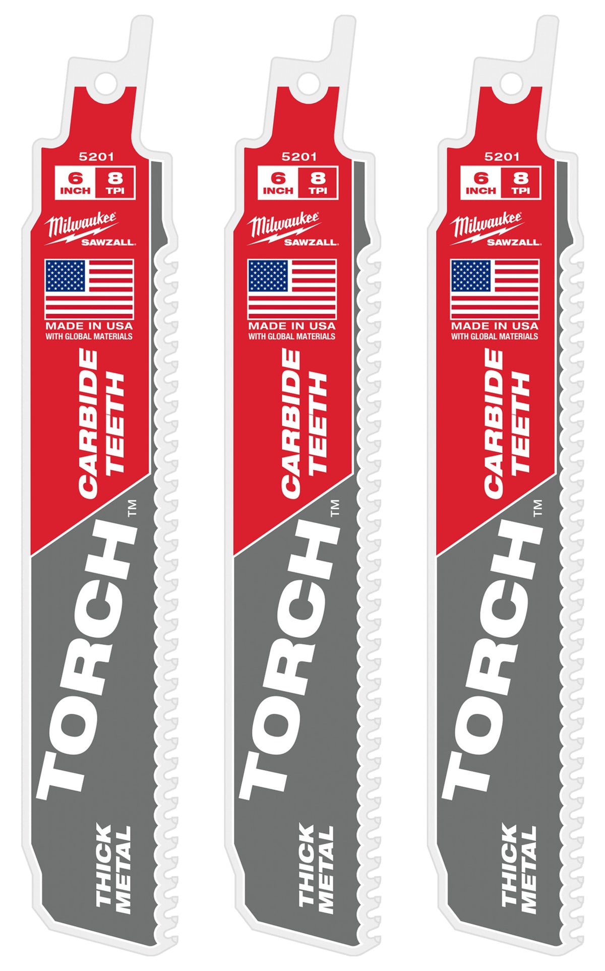 Milwaukee Tools 6" 8 TPI TORCH™ with Carbide Teeth SAWZALL® Blades (3 Pack)