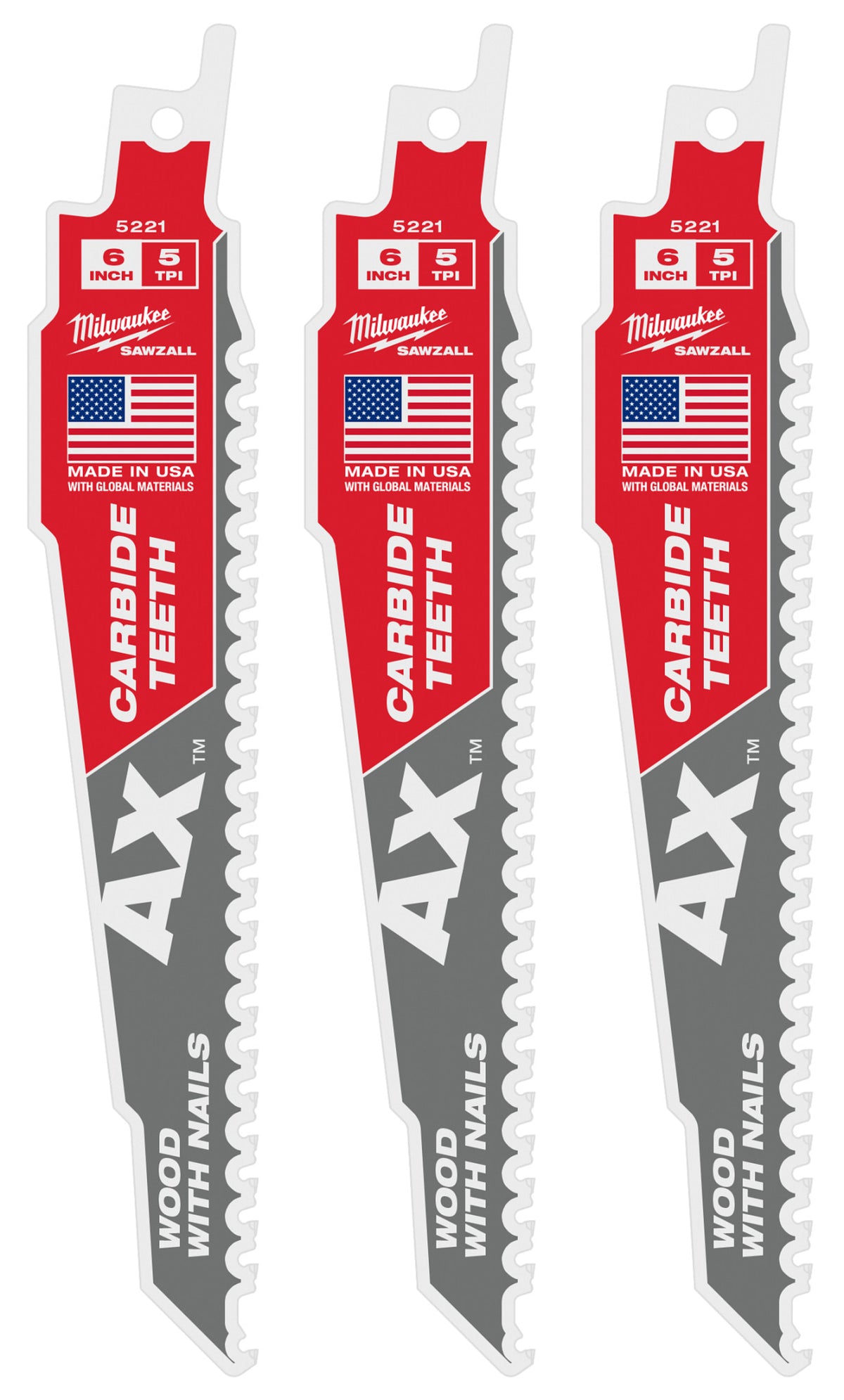 Milwaukee Tools 6" 5 TPI AX™ with Carbide Teeth SAWZALL® Blade for Wood with Nails (3 Pack)