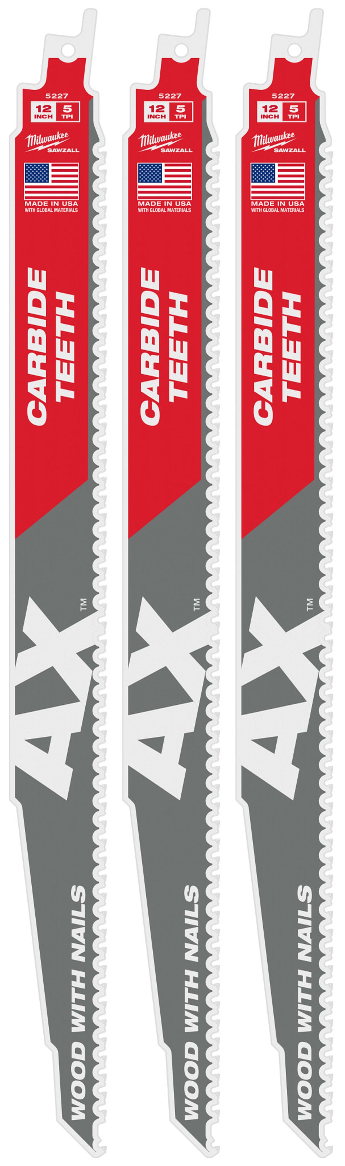 Milwaukee Tools 12" 5 TPI AX™ with Carbide Teeth SAWZALL® Blade for Wood with Nails (1 Pack)