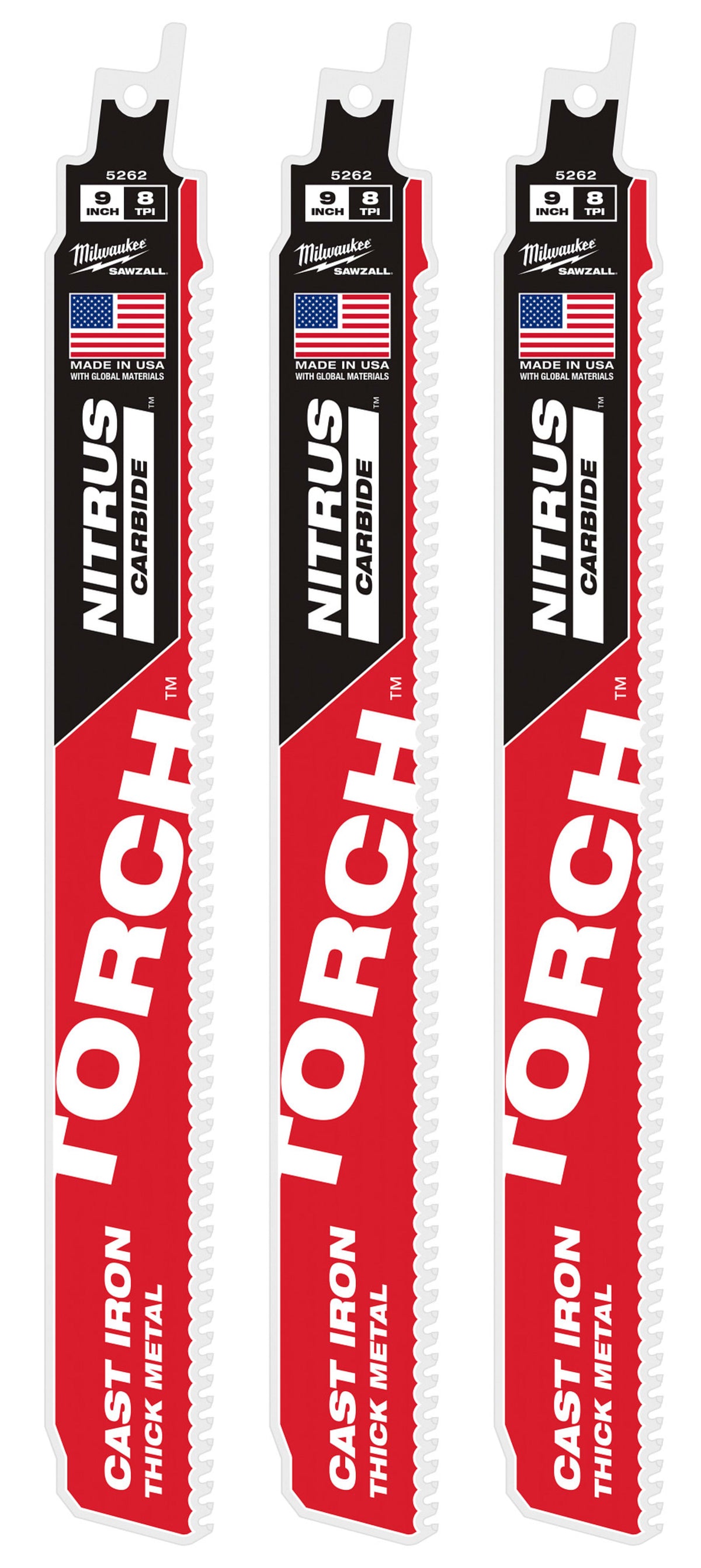 Milwaukee Tools 9" 8 TPI TORCH™ with NITRUS™ Carbide SAWZALL® Blade for Cast Iron (1 Pack)