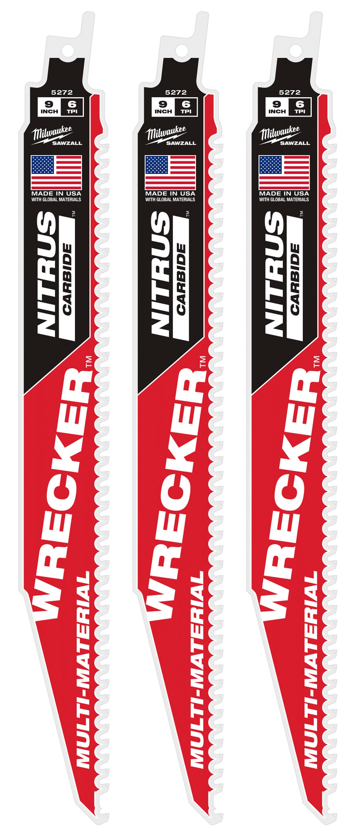 Milwaukee Tools 9" WRECKER™ with NITRUS™ Carbide SAWZALL® Blade for Multi-Material (3 Pack)