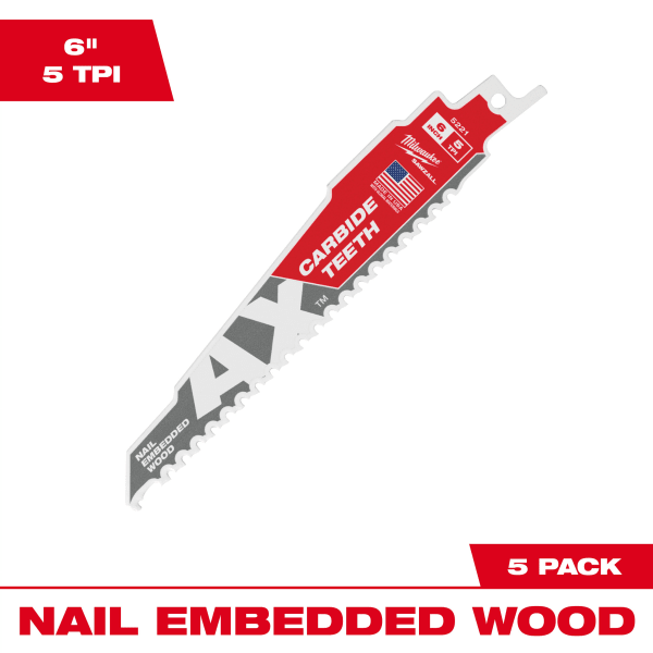 6" 5 TPI AX™ with Carbide Teeth SAWZALL® Blade for Wood with Nails (5 Pack)