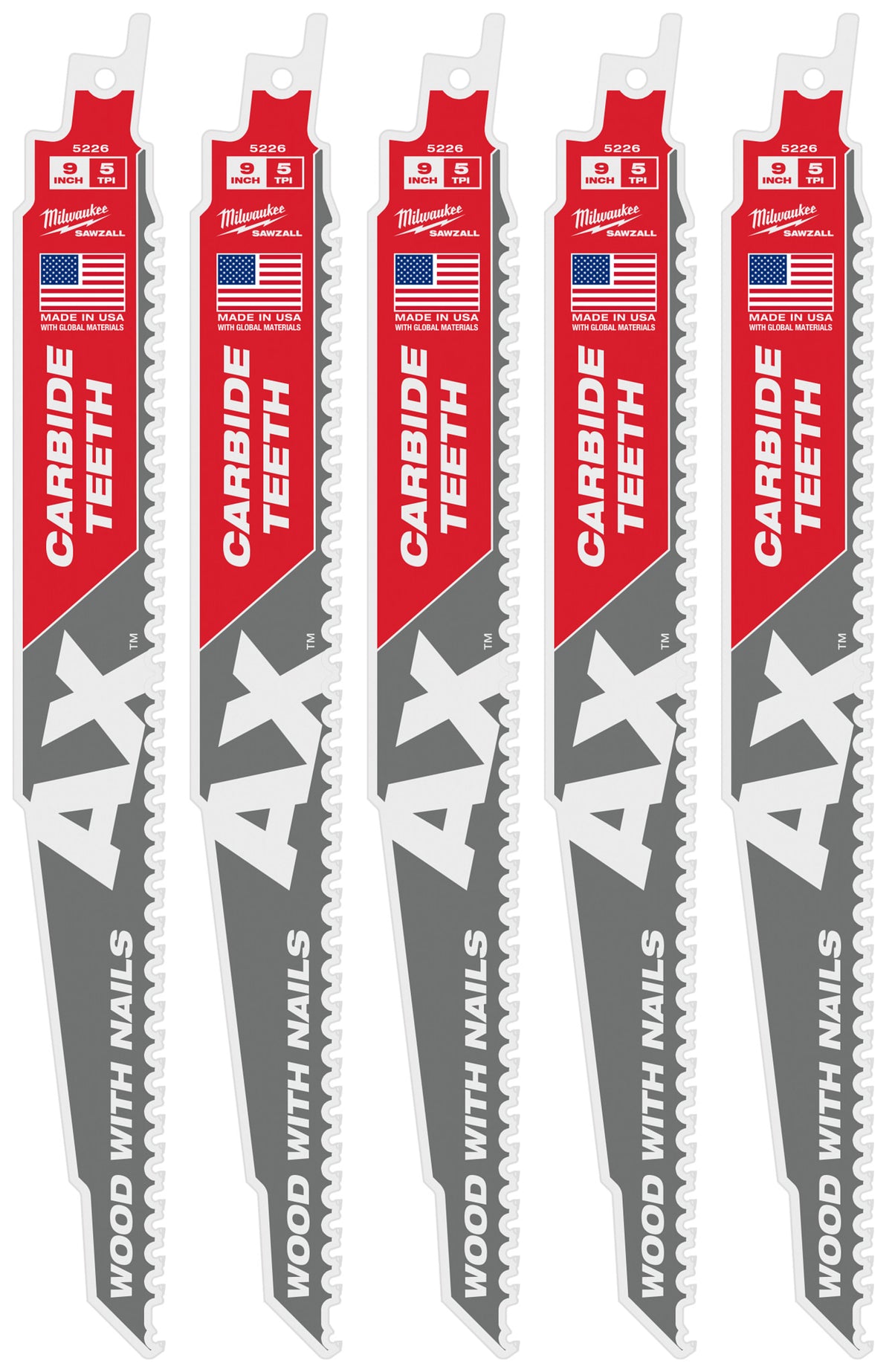 Milwaukee Tools 9" 5 TPI AX™ with Carbide Teeth SAWZALL® Blade for Wood with Nails (5 Pack)