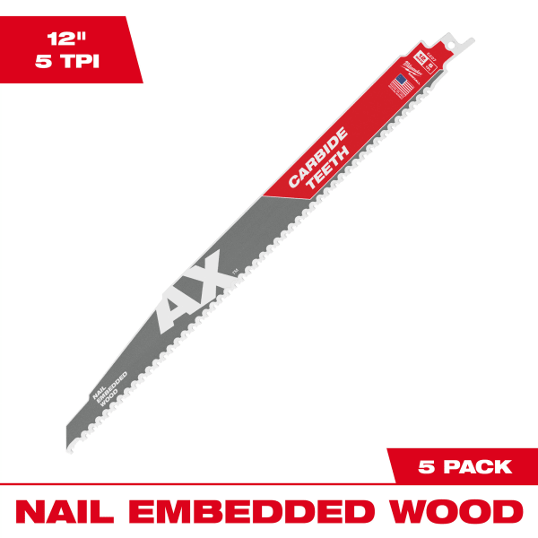 12" 5 TPI AX™ with Carbide Teeth SAWZALL® Blade for Wood with Nails (5 Pack)