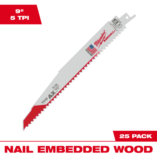 9" 5 TPI AX™ SAWZALL® Blade for Wood with Nails (25 Pack)