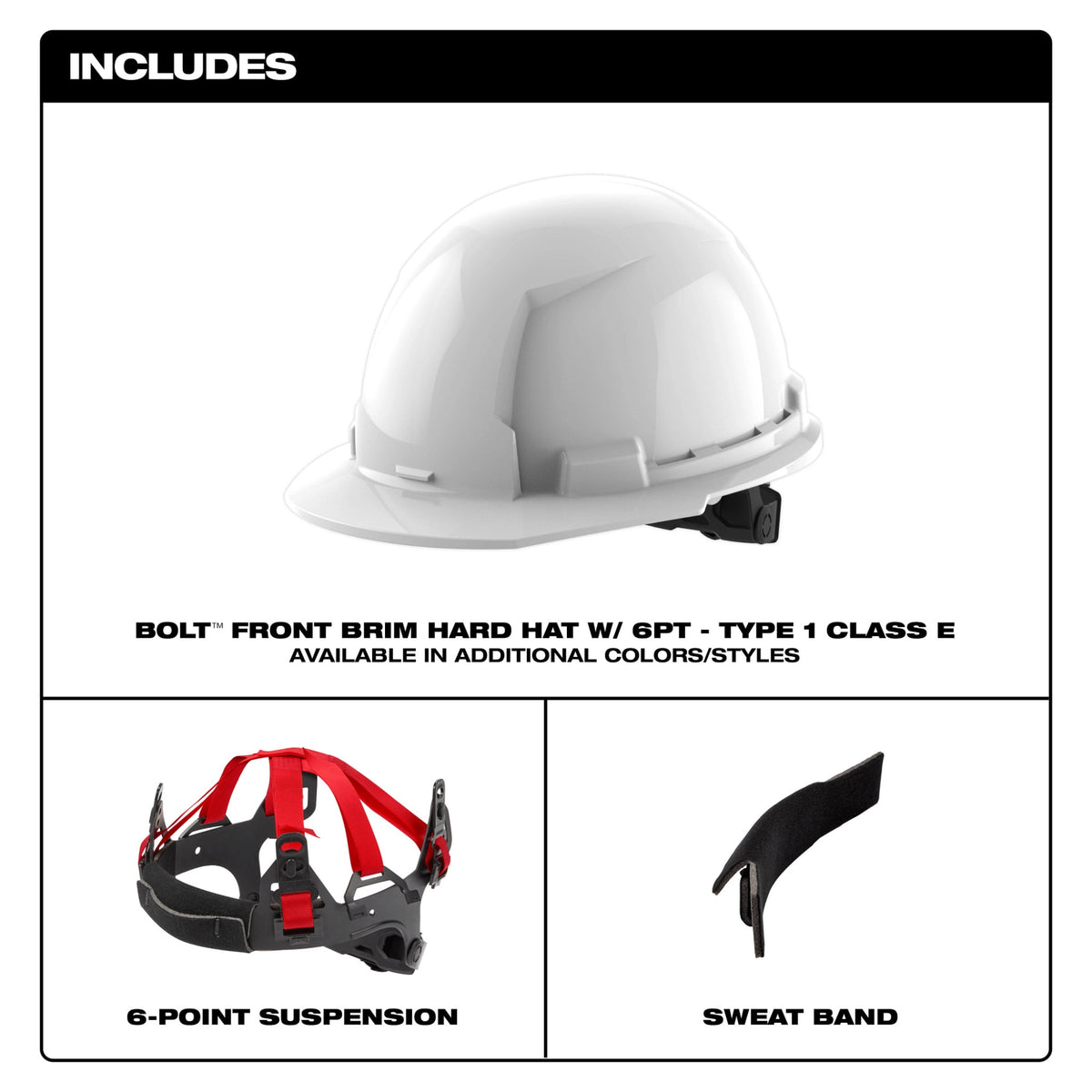 Milwaukee Tools BOLT™ White Front Brim Hard Hat w/6pt Ratcheting Suspension (USA) - Type 1, Class E