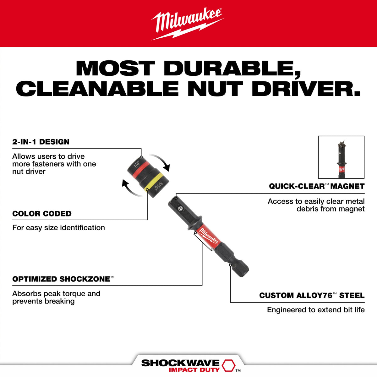 Milwaukee Tools 49-66-4542 SHOCKWAVE™ Impact Duty 1/4" and 5/16" x 2-1/4" QUIK-CLEAR™ 2-in-1 Magnetic Nut Driver