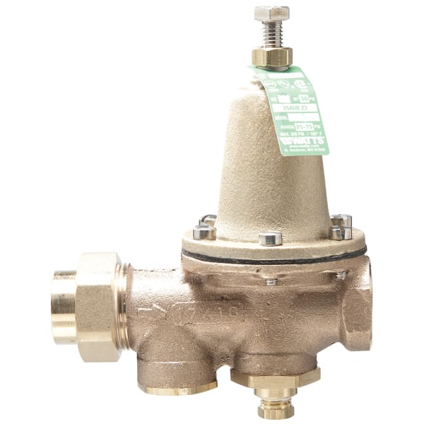 1" Lead Free Water Pressure Reducing Valve, NPT Female Union x NPT Female, Polymer Seat, Gauge Tapping, Adjustable 25-75 psi