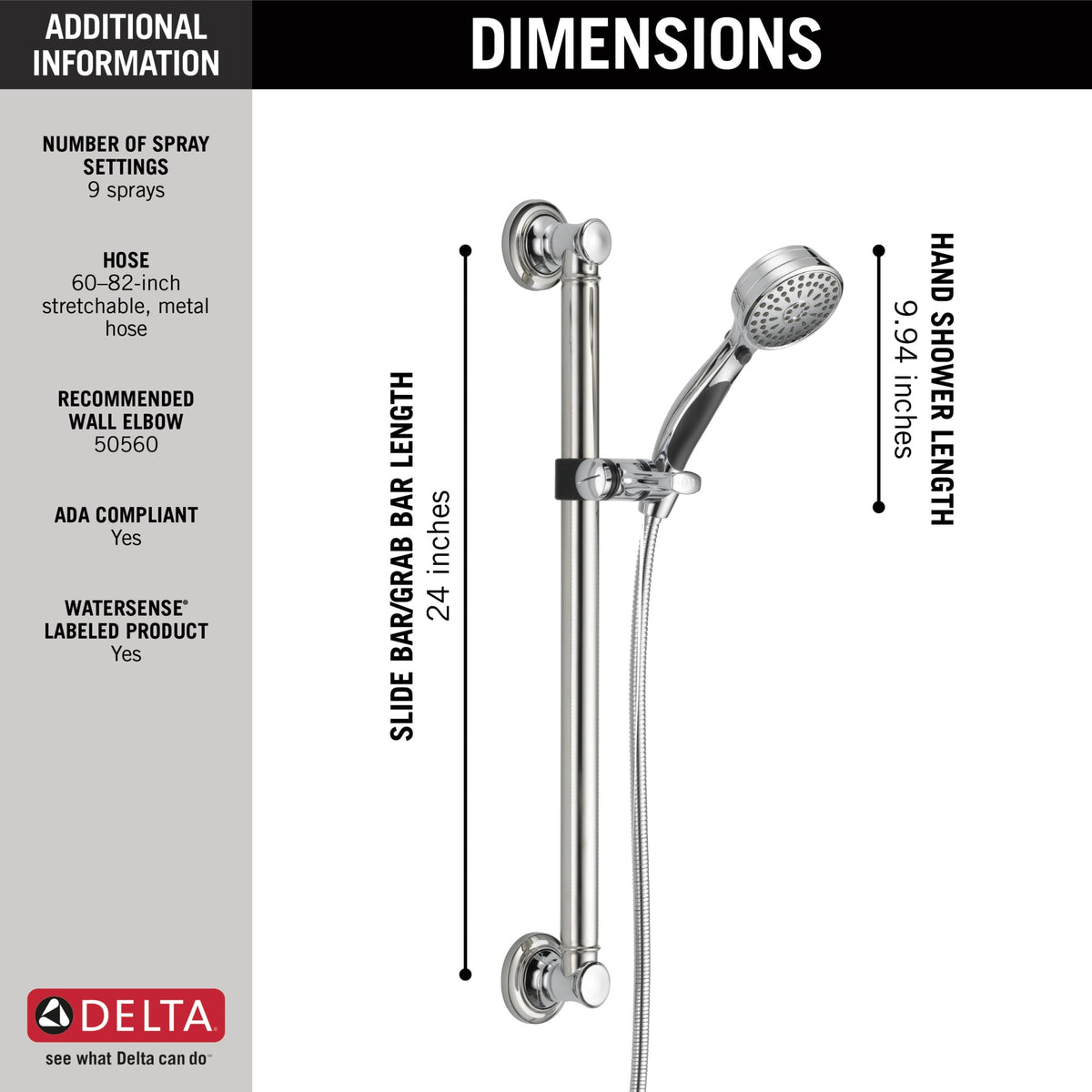 Delta Universal ActivTouch® 9-Setting Handshower with Traditional Slide Bar / Grab Bar Chrome