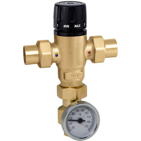 Caleffi 521519AC MixCal 3-Way Thermostatic Mixing Valve 3/4" Sweat with Inlet Check Valves & Temperature Gauge, ASSE 1017, 3 Cv