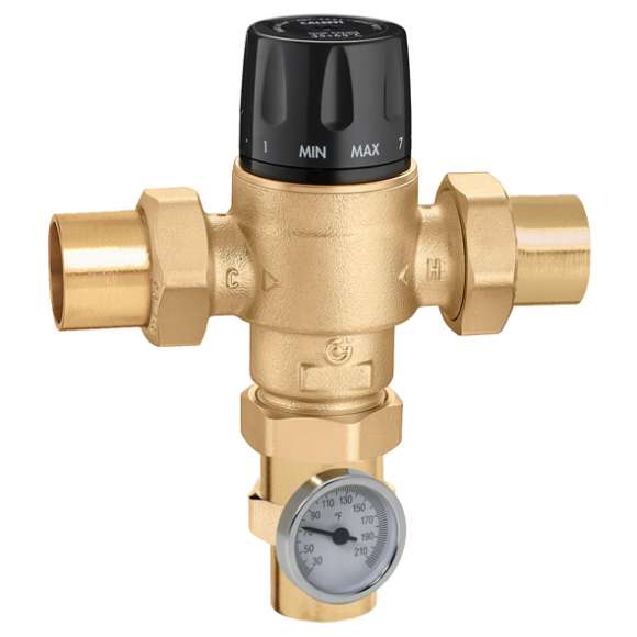 Caleffi 523177A MixCal+ High-Flow 3-Way Thermostatic Mixing Valve, 1-1/4" Sweat with Gauge, 7.6 Cv, ASSE 1017, Lead Free