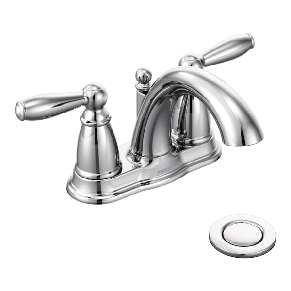Moen Brantford 4 in. Centerset 2-Handle Low-Arc Bathroom Faucet in Chrome with Metal Drain Assembly