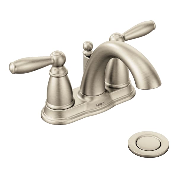 Moen Brantford 4 in. Centerset 2-Handle Low-Arc Bathroom Faucet in Brushed Nickel with Metal Drain Assembly