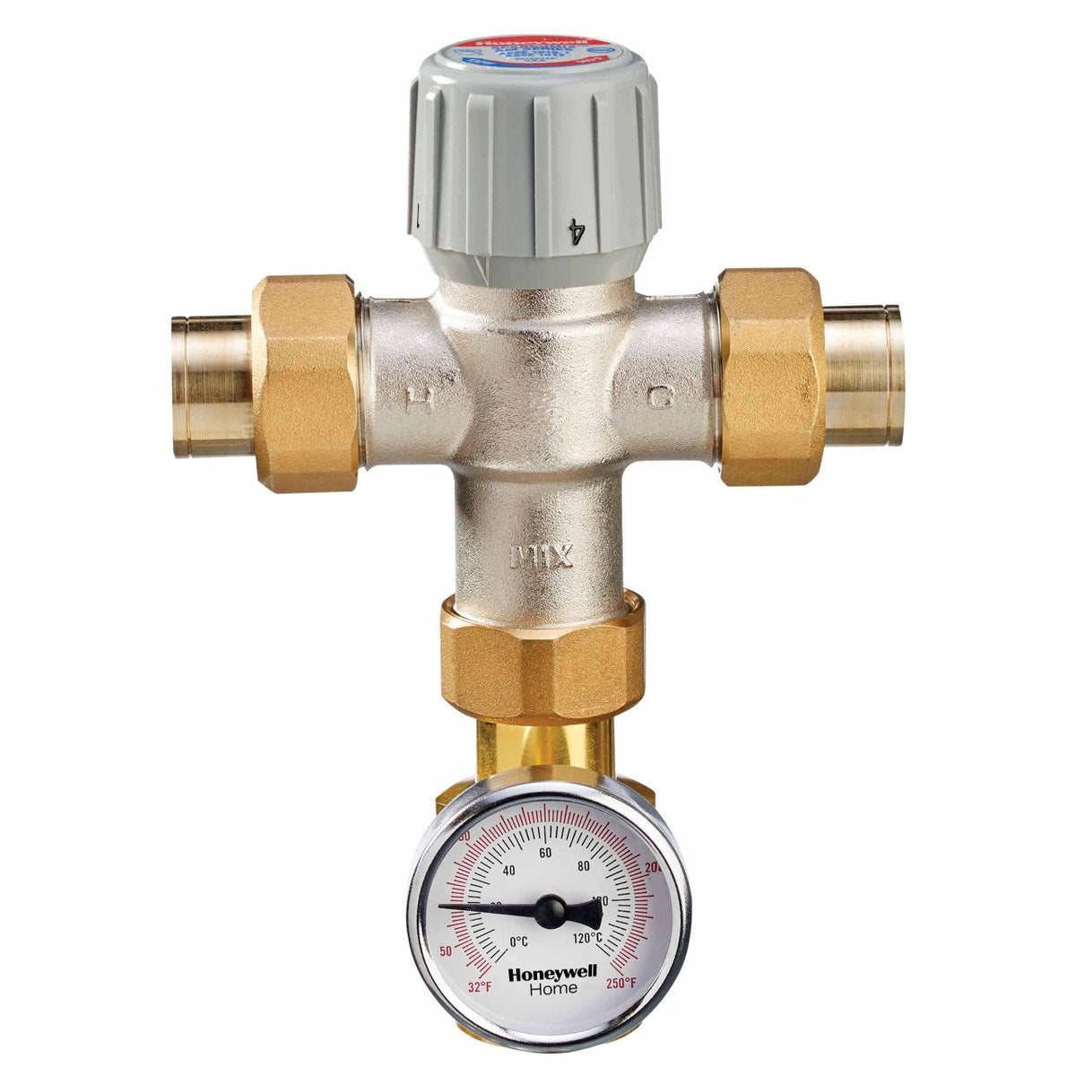 Resideo AM100-USTG-1LF/U Low Lead Thermostatic Mixing Valve, 1/2 in Union, Temperature Gauge, 70–145°F