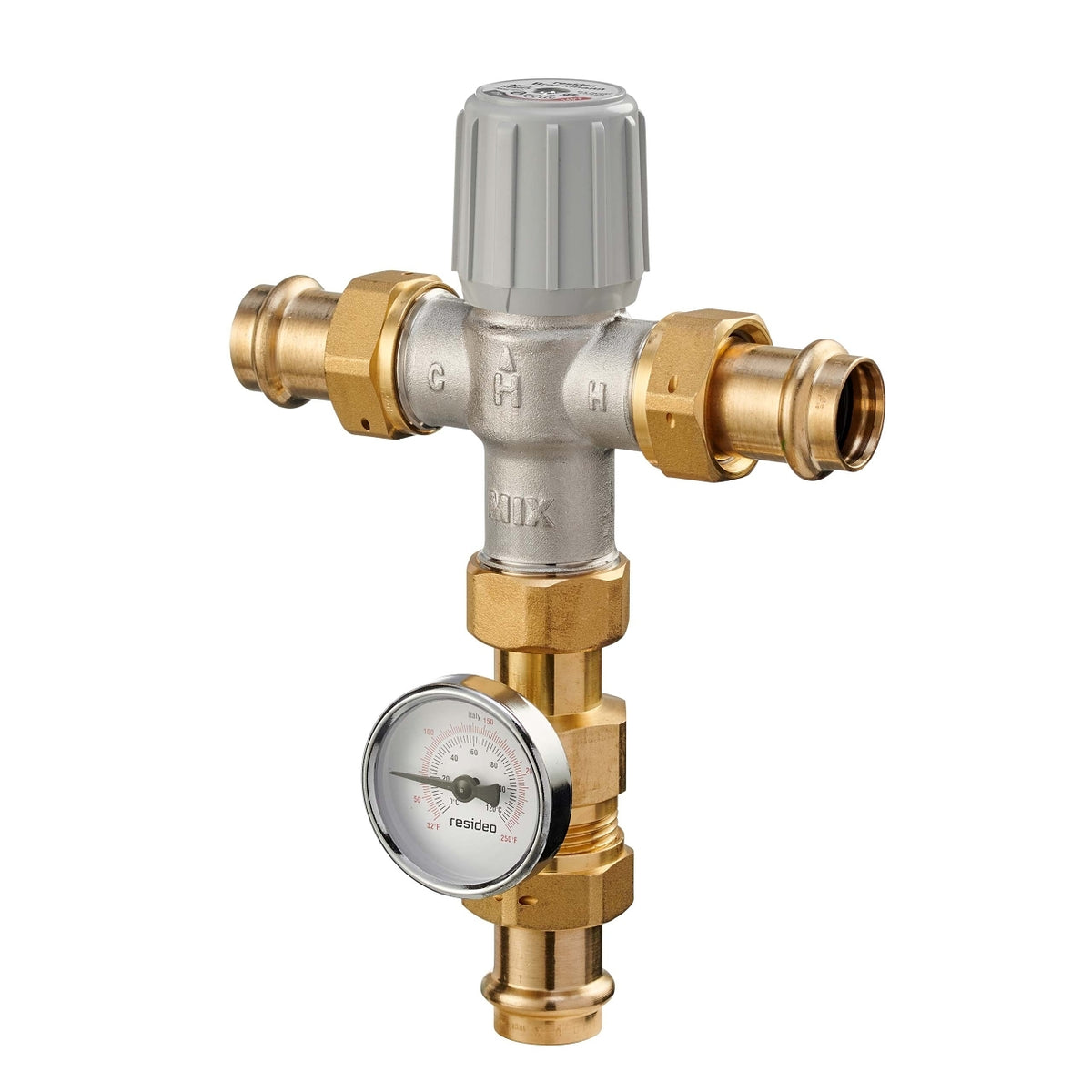 Resideo AM102-USTG-1LF/U Low Lead Thermostatic Mixing Valve, 1 in Union, Temperature Gauge, 70–145°F