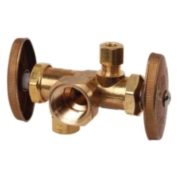 1/2" x 3/8" x 1/4" Dual Angle Stop - FIP x Comp x Comp, Rough Brass