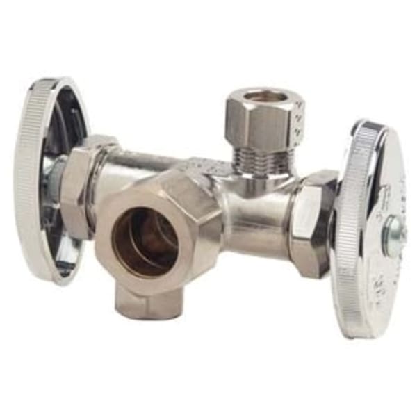 1/2" x 3/8" x 3/8" Dual Angle Stop - Comp, Rough Brass