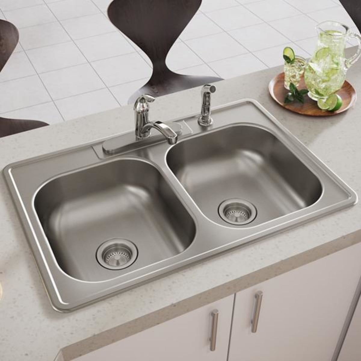 Dayton Stainless Steel 33" x 22" x 6-9/16" 4-Hole Equal Double Bowl Drop-in Sink