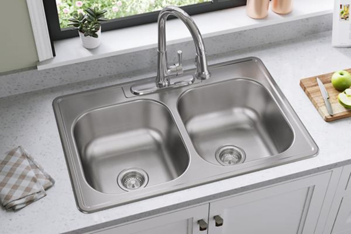 Dayton Stainless Steel 33" x 22" x 8-1/16" 3-Hole Equal Double Bowl Drop-in Sink