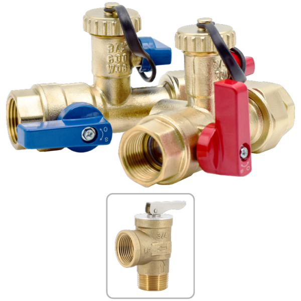 3/4" No Lead Forged Brass FNPT Tankless Water Heater Valve Kit with Pressure Relief Valve