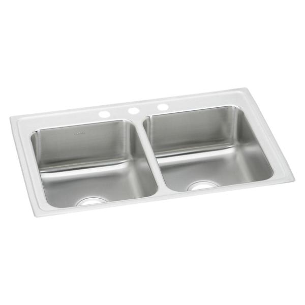 Elkay LR33213 Lustertone Classic Stainless Steel 33" x 21-1/4" x 7-7/8" 3-Hole Equal Double Bowl Drop-in Sink