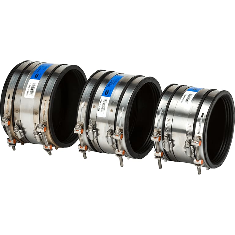 Mission Rubber MR51-44-ARC-WD 4" Ductile Iron/Cement to 4" Cast Iron/Plastic Shielded Rubber Adjustable Repair Coupling - Worm Drive
