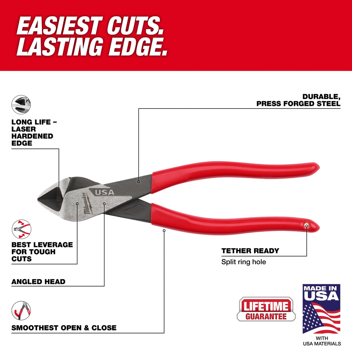 Milwaukee Tools 8" Angled Head Diagonal Dipped Grip Cutting Pliers (USA)