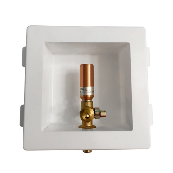 Plastic Ice Maker Box With Hammer Arrester - White, 1/2" Copper F1807 Crimp x 1/4" Compression