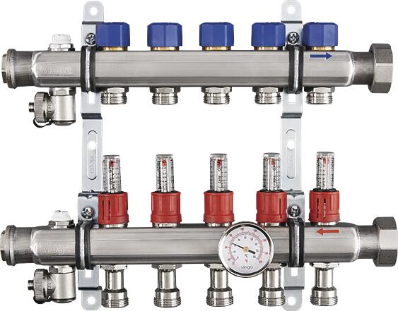 Viega 16040 1-1/4" x 1", Union x FPT, 100 PSI, 304 Stainless Steel, 12-Port, Heating and Cooling Manifold with Shut-Off/Balancing Valve/Air