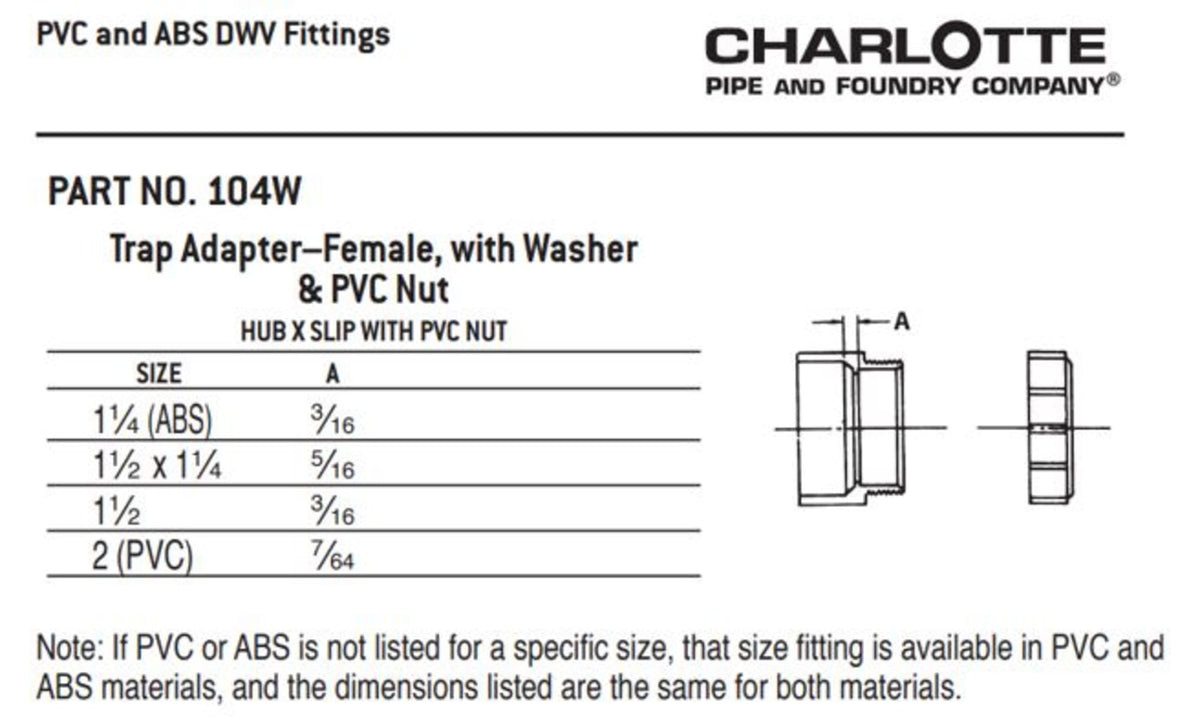 Charlotte Pipe 1-1/2" x 1-1/4" PVC DWV Female Trap Adapter with Plastic Nut - H x Tubular Slip