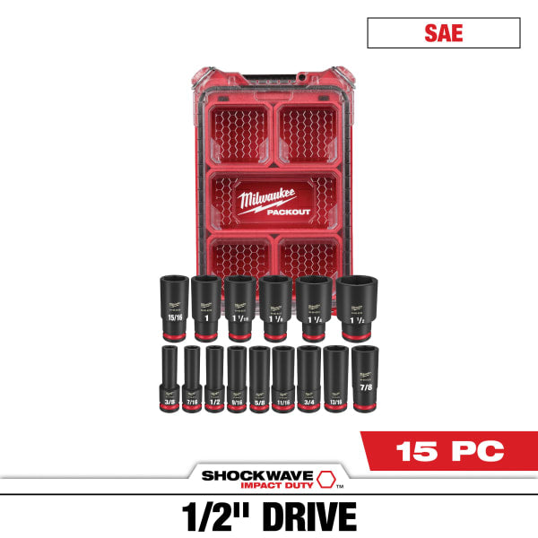 15 Piece SHOCKWAVE™ Impact Duty Socket 1/2" Drive SAE Set with PACKOUT™