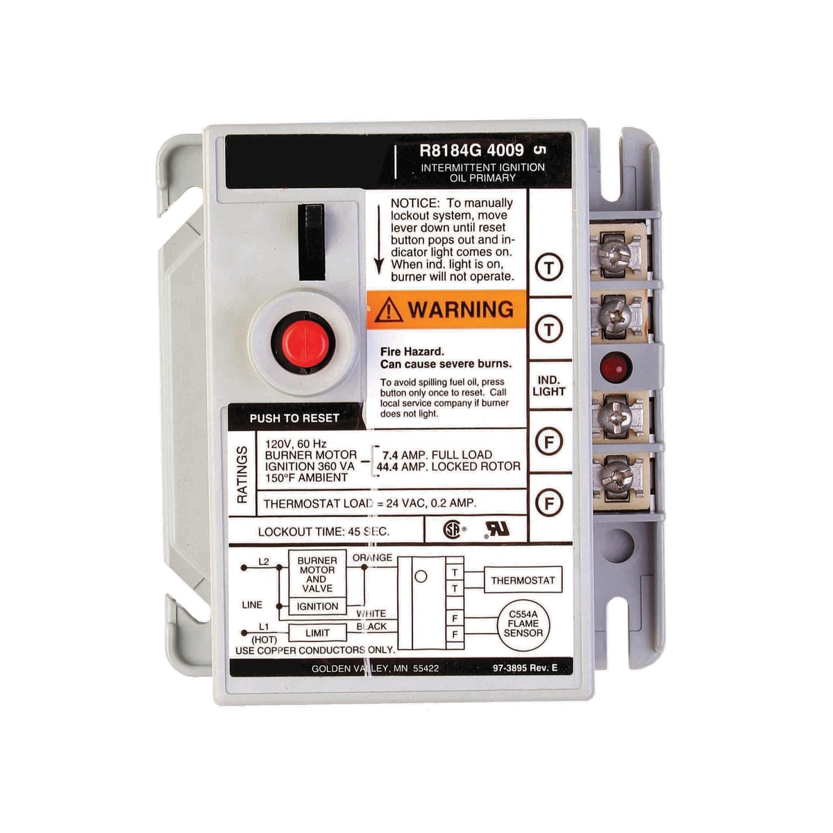 Resideo R8184G4082/U Protectorelay Oil Burner Control, 45 Sec Lockout, 120 V