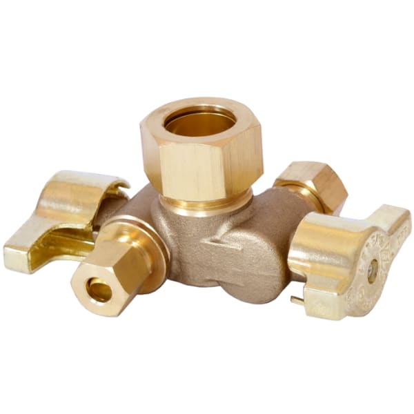 5/8" X 3/8" X 3/8" - Comp (OD) x Comp (OD) x Comp (OD), No Lead Forged Brass 1/4-Turn Ball-Type OD x OD x OD Angle Dual Handle Angle Stop Valve