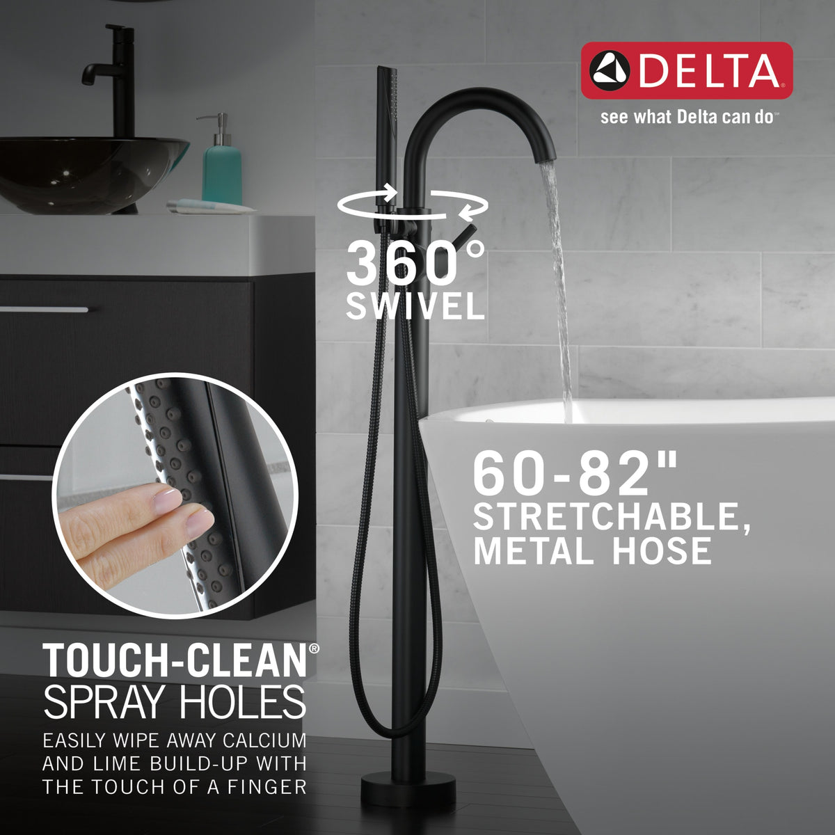 Delta T4759-BLFL Trinsic® Single Handle Floor Mount Tub Filler Trim with Handshower Matte Black