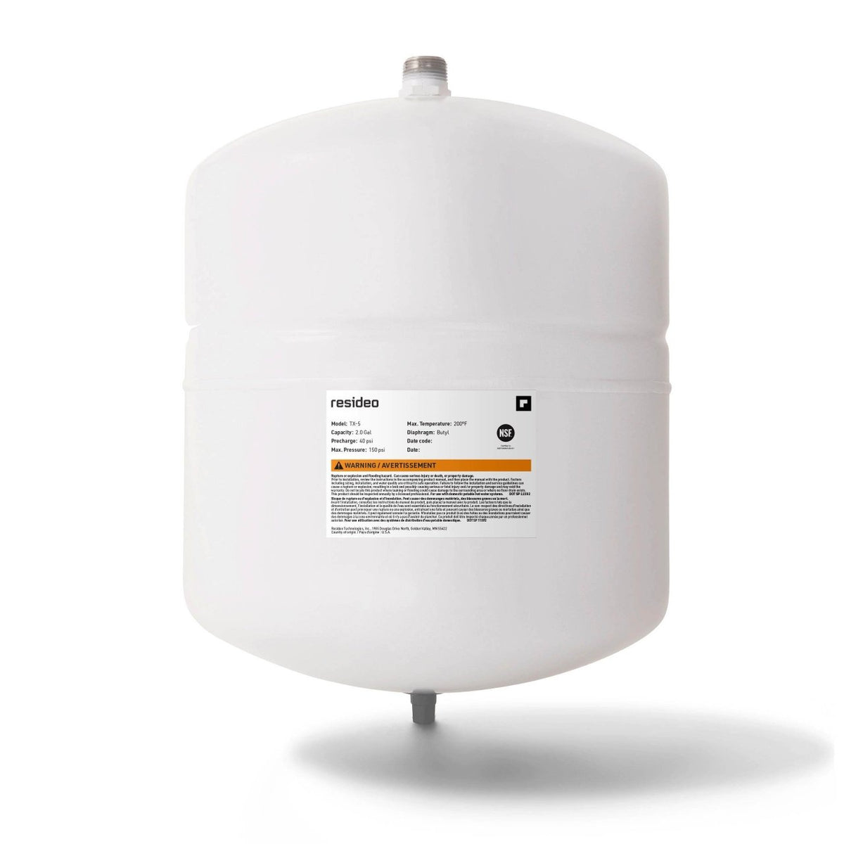 Resideo TX-5/U Potable Water Expansion Tank, 2.0 Gallon, 3/4 in Male NPT