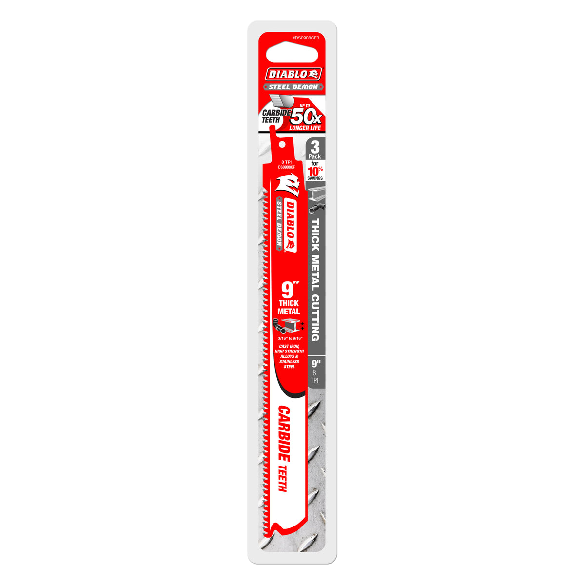Diablo 9" 8TPI Steel Demon™ Carbide Teeth Reciprocating Saw Blades for Thick Metal (3-Pack)