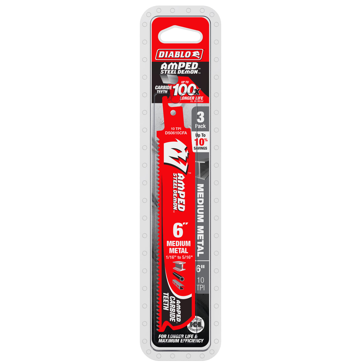 Diablo 6" 10TPI AMPED™ Steel Demon™ Carbide Teeth Reciprocating Saw Blade for Medium Metal (3-Pack)