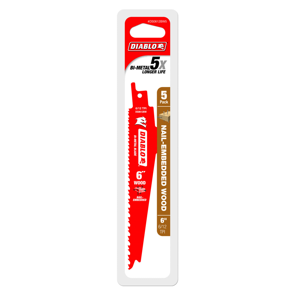 Diablo 6" 6/12TPI Bi-Metal Reciprocating Saw Blades for Nail-Embedded Wood (5-Pack)