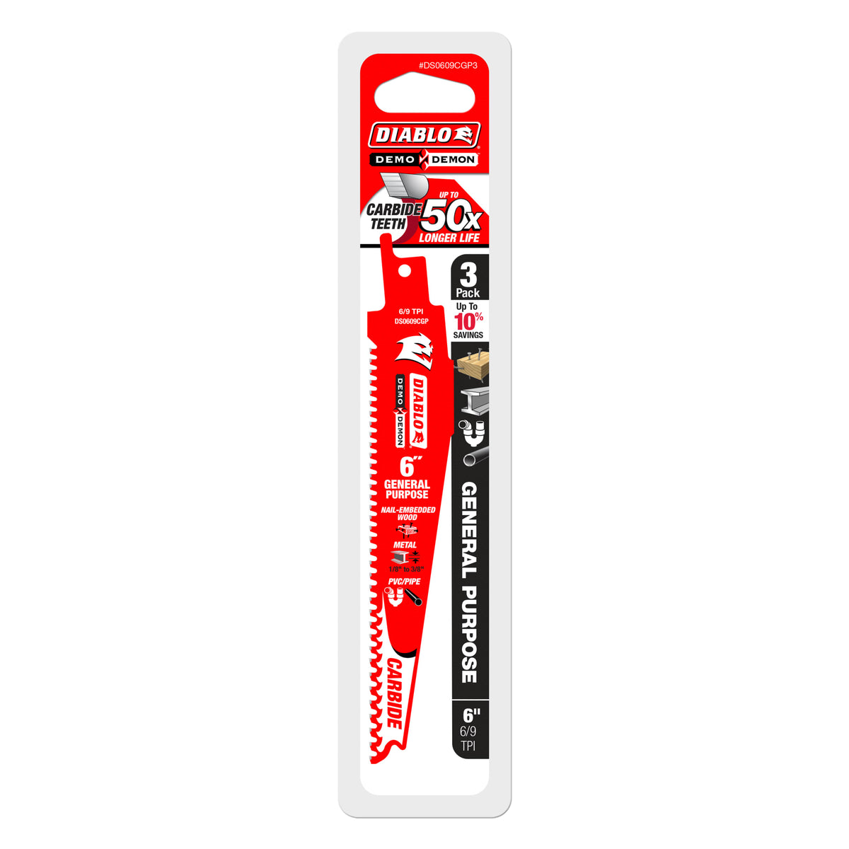 Diablo 6" 6/9 TPI Demo Demon™ Carbide Teeth Reciprocating Saw Blades for General Purpose Cuts (3-Pack)